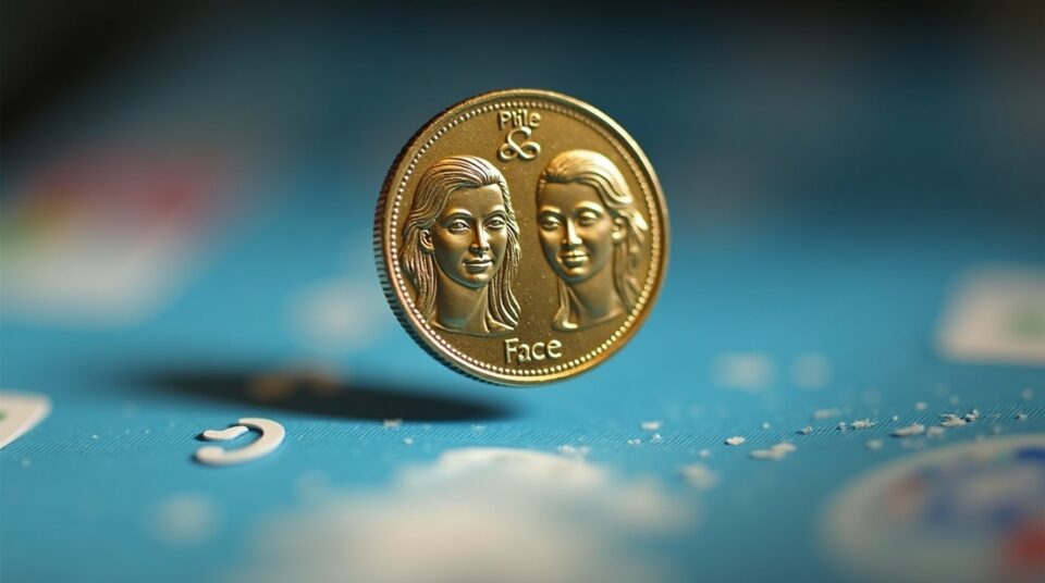 Pièce en vol sur fond Google, fonction Pile ou Face pour rapide prise de décision