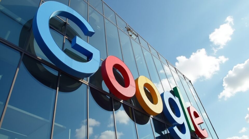 Toupie en équilibre sur le 'O' de Google, ciel en mouvement, titre flottant