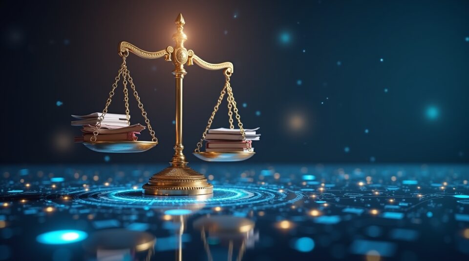 Image représentant l'équilibre entre la justice et le service Juriv'ia numérisé