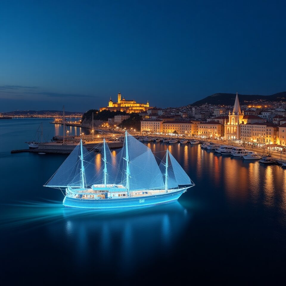 Vieux-Port de Marseille avec guide touristique futuriste 2025