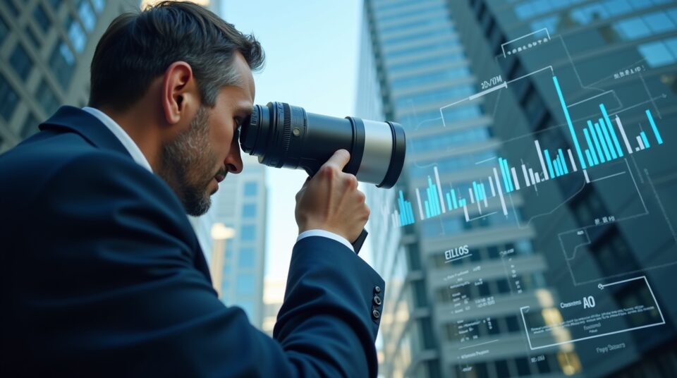 Homme analysant une facade d'immeubles intégrant des graphiques, symbolisant l'outil Pappers Immobilier