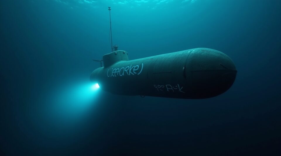 Sous-marin moderne Deepseek éclairant les profondeurs océaniques sombres