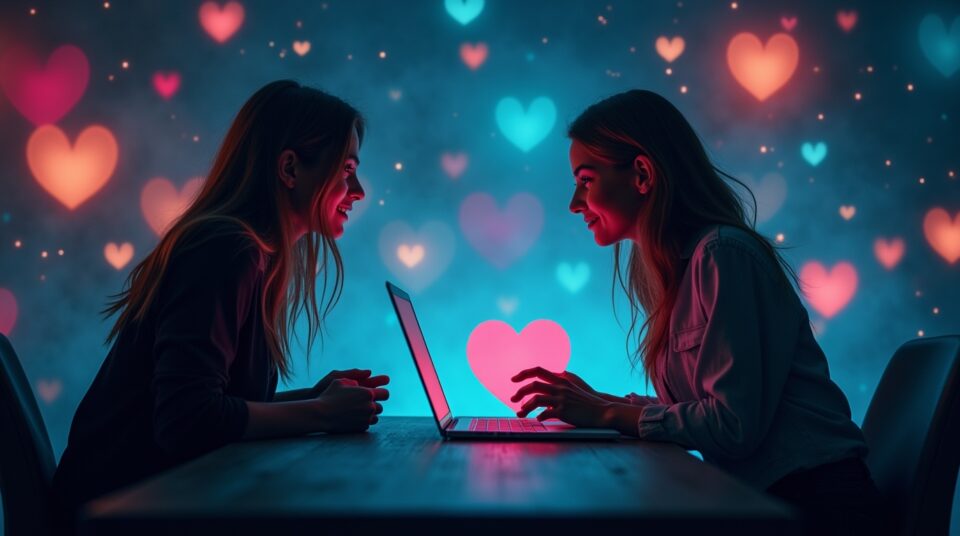 Deux personnes interagissant en ligne avec symboles de coeur et internet