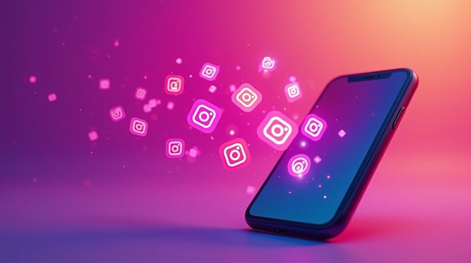 Interface de l'application StoriesIG sur un smartphone, icônes Instagram en arrière-plan