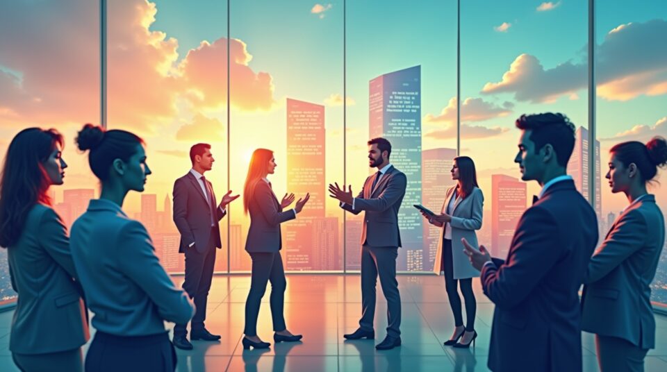Professionnels divers discutant affaires B2B avec gratte-ciels en fond