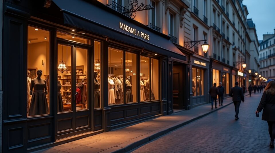 Devanture chic 'Madame à Paris', rue pavée, crépuscule.