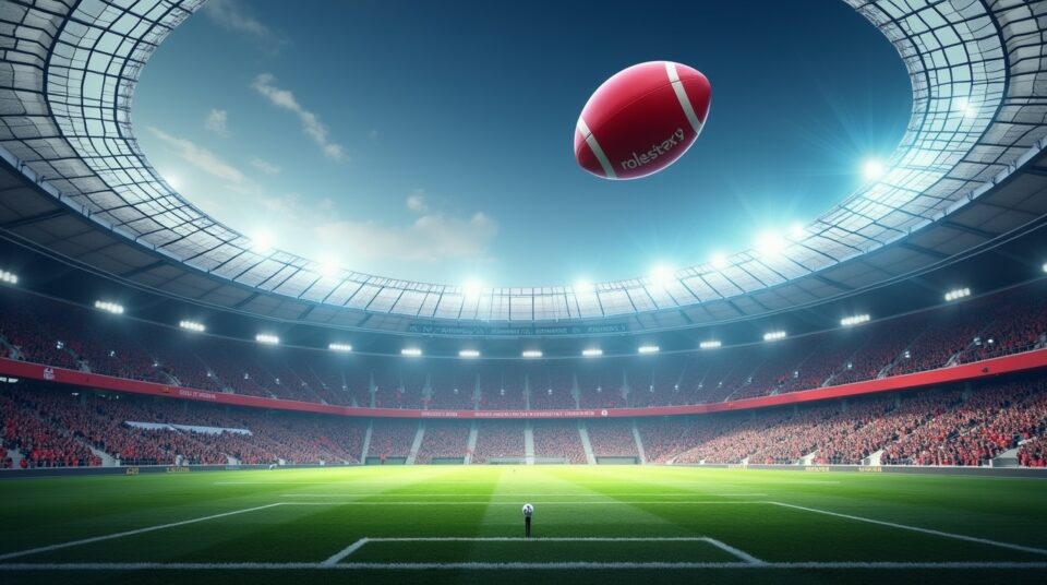 Match de rugby RCT, stade plein, ballon en vol, logo RCT en avant
