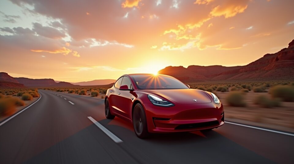 Tesla Model 3 conduisant au coucher du soleil, symbolisant l'innovation et le futur de l'automobile