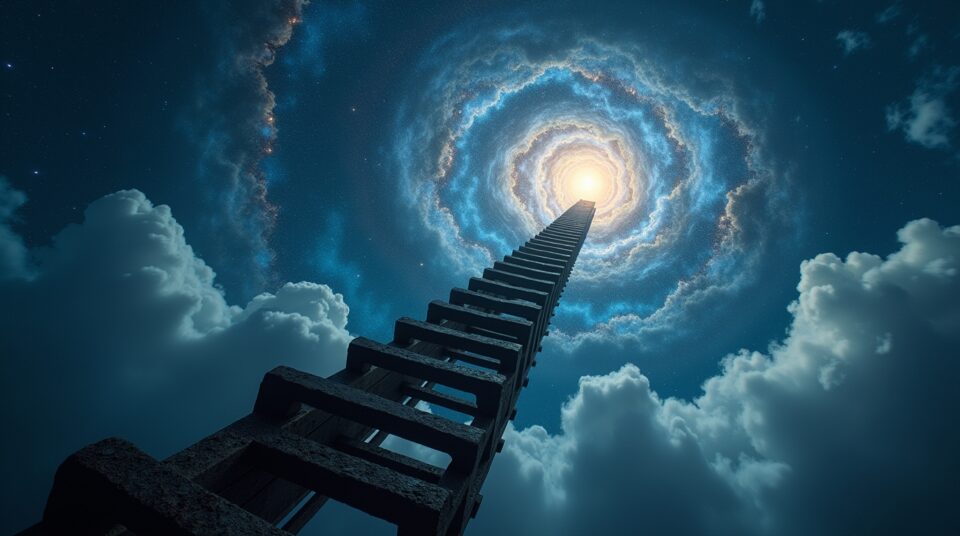 Échelle de Jacob antique atteignant le ciel étoilé, symbolisant une ascension vers l'inconnu
