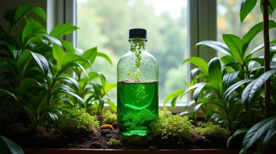 Système hydroponique avec plantes luxuriantes et engrais maison