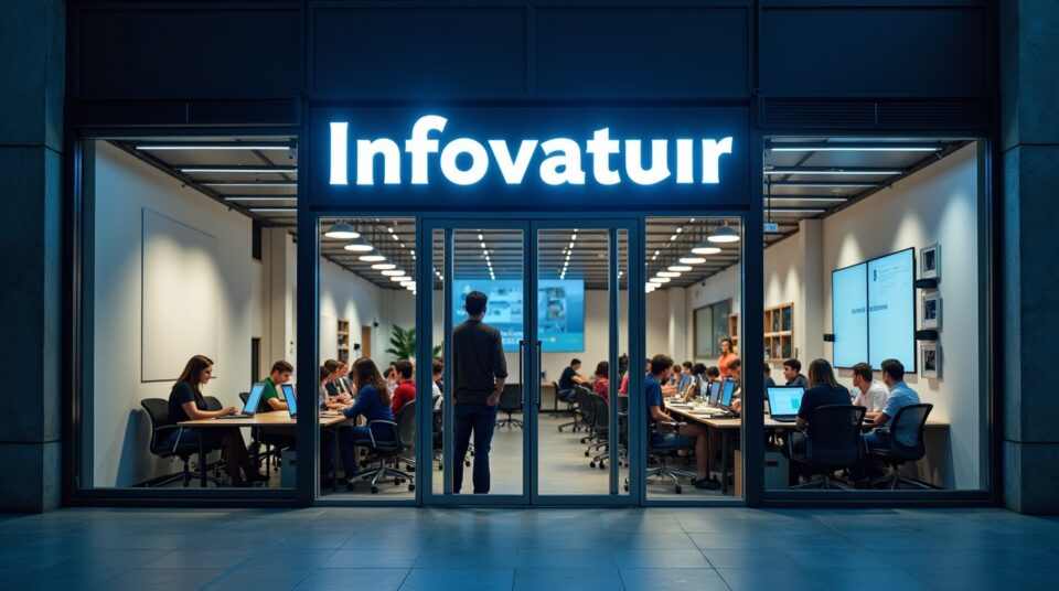 Façade de bureau ultramoderne, personnes travaillant, logo 'Infonovateur Blog' illuminé