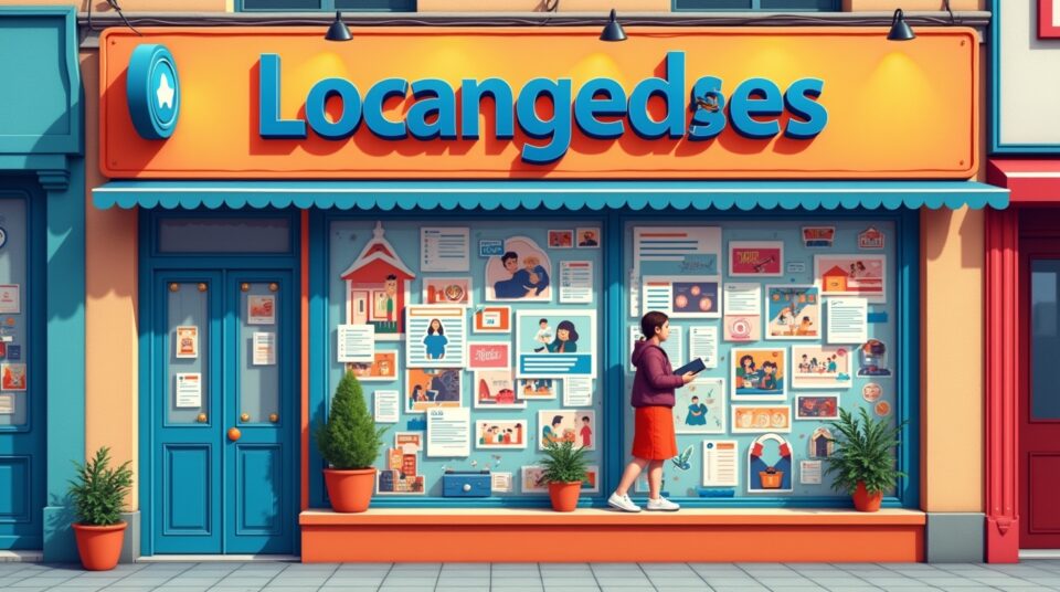 Façade avec annonces et icônes diverses, le texte 'Locannonces' en avant