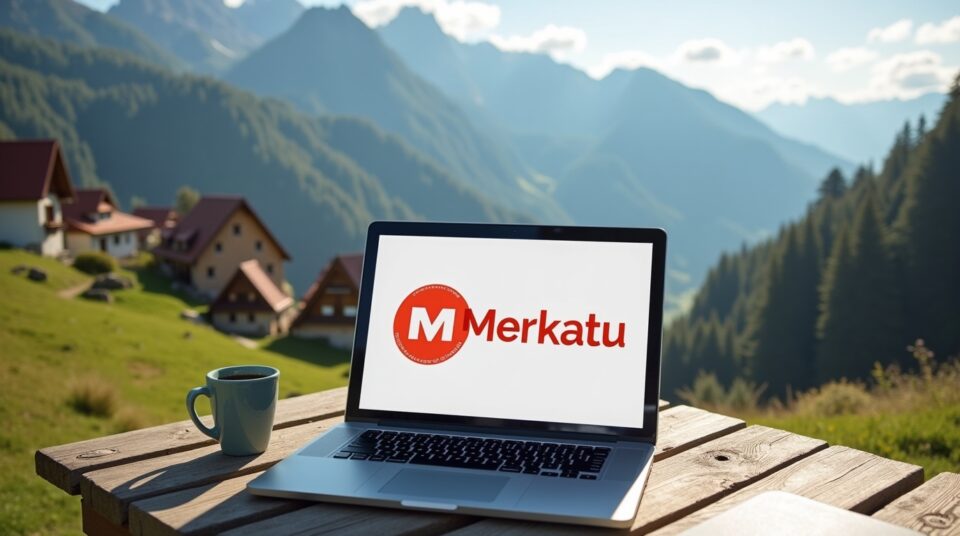 Ordinateur avec logo Merkatu, maisons traditionnelles basques en arrière-plan