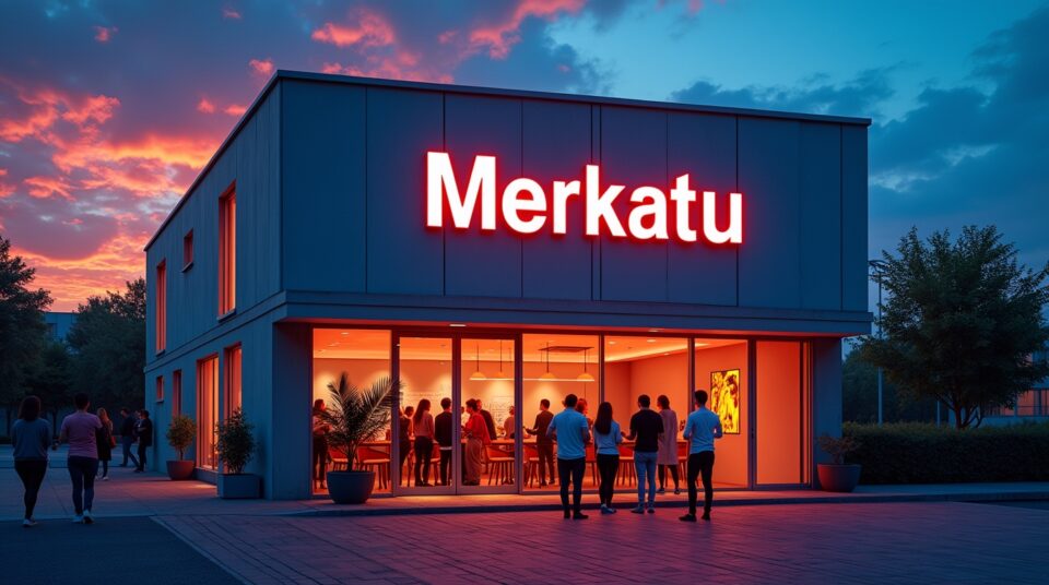 Façade moderne Merkatu, logo lumineux, ciel au coucher de soleil, communauté de blogueurs actifs discutant