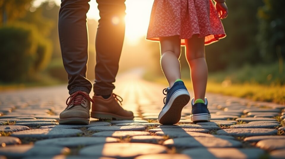 Chaussures adulte et enfant sur un chemin, symbolisant le voyage de la parentalité