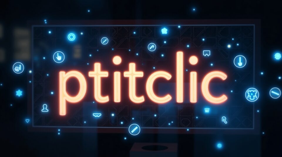 Façade éclairée de blog avec le mot 'ptitclic' et icônes de clics lumineux