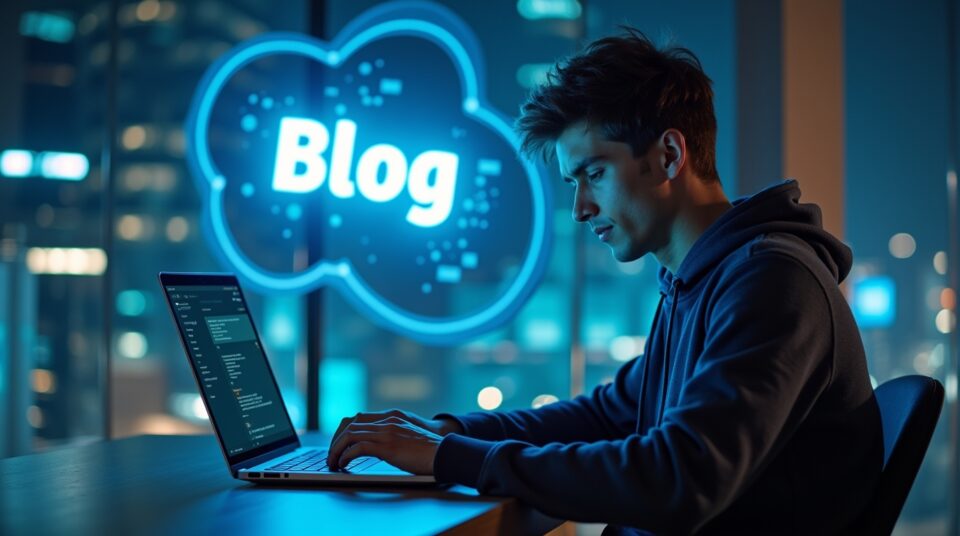 Jeune technovateur travaillant sur son blog, interface holographique en arrière-plan