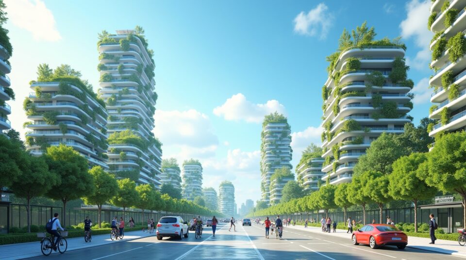 Image de la ville du futur écologique à Bede, montrant une fusion harmonieuse de la technologie et de l'écologie.